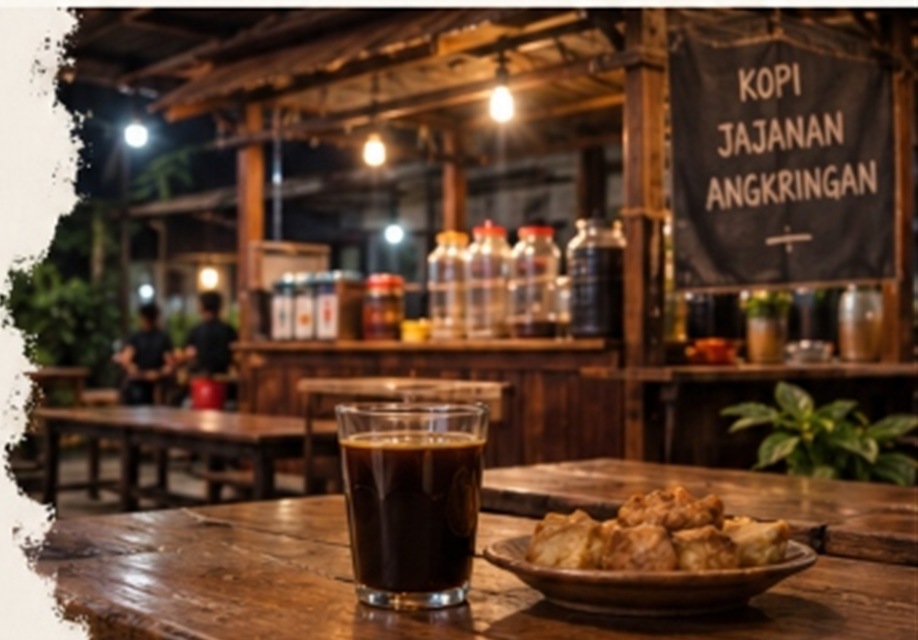 Suasana angkringan malam hari dengan segelas kopi hitam dan sepiring gorengan hangat di atas meja kayu